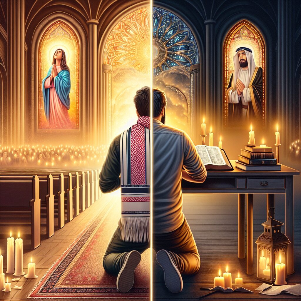 Visual interpretation of Christian character: A depiction split into two halves. On one side, display an uplifting scene of a person of Hispanic descent, kneeling in prayer inside a beautifully illuminated church; symbolizing spiritual victory. On the other side, show the same person, this time of Middle Eastern descent, studying a Bible at a candlelit study desk, illustrating the learning of life's lessons. Both images should reflect the strength and peace found in Christian faith.