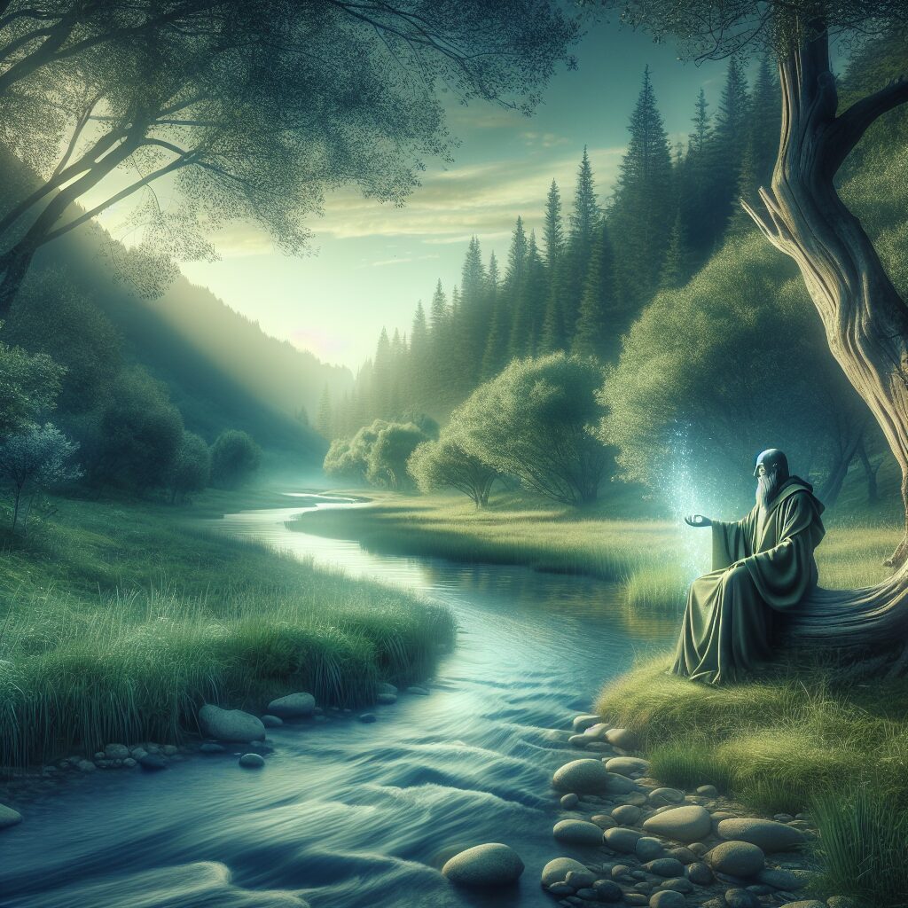 An image illustrating the concept of balance and rest as an inspiration for an extraordinary life. The scene occurs in a tranquil natural environment with a calming river flowing through a lush meadow surrounded by serene woods. A symbolic representation of a historical religious figure, characterized by a flowing robe and a peaceful expression, is depicted sitting beside the river, meditating. A soft glow of light emanates from the figure, suggesting a sense of spirituality and peace. This image should invoke feelings of tranquility, balance, and inspiration, capturing the essence of a simple yet incredible life.