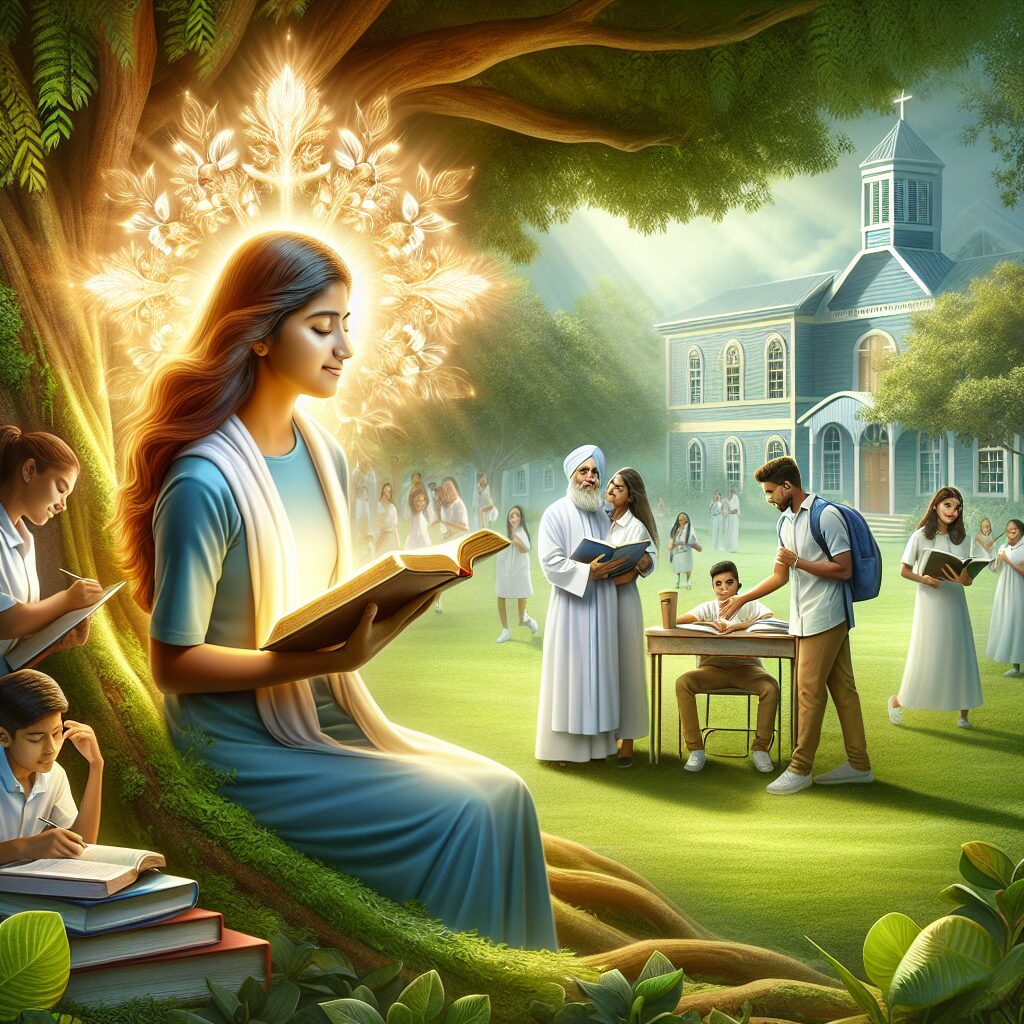 An inspiring image that depicts the notable impact of a Christian school in a student's life. Picture a serene Christian school setting with a lush green outdoor landscape where students of diverse descent and both genders are seen studying and discussing thoughtfully under the shade of a tree. The central figure is a South Asian female student, her face glowing with spiritual faith and intellectual curiosity, holding an open Bible, symbolizing the integration of faith and learning. Nearby, a Middle-Eastern male student is seen helping others with their studies, indicative of their collaborative and compassionate community. Emitting an overall productive and wholesome environment.
