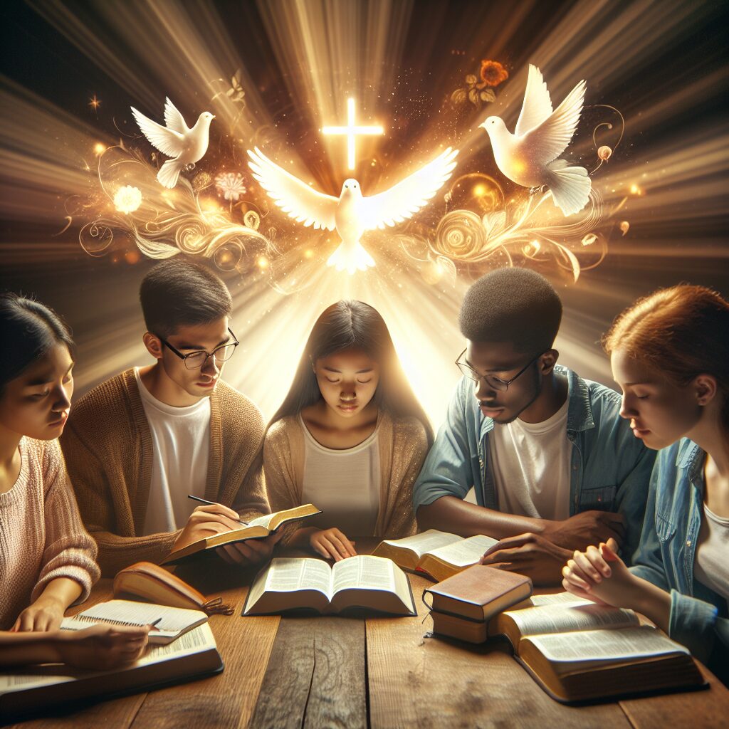Imagine a serene scene depicting a diverse group of young students engaged in a Bible study. A Caucasian and South Asian female, and a Hispanic and Black male are immersed in study, notebooks and Bibles spread out before them. They sit around a wooden table, their faces illuminating with inspiration and understanding. Symbolic elements such as a glowing cross, dove or rays of sunlight can feature in the background. The overall setting should communicate an ambiance of peace, harmony, and spiritual inspiration.