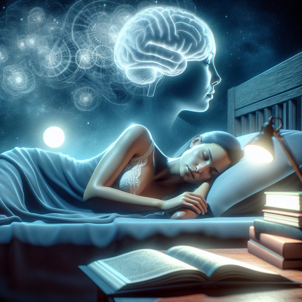 A depiction of a nighttime bedroom scene, bathed in soft moonlight. In the room, a Hispanic woman lies on one side of the bed, her eyes closed in sleep. She appears to be talking softly, a look of concentration on her face as if she's engaged in a vivid dream. Books about sleep studies, dreams and the subconscious sit on a nearby table, indicating a study or research interest in sleep talking. In the background, a subtly transparent image of a brain, representing the mystery and inspiration inherent in understanding the phenomena of sleep talking.
