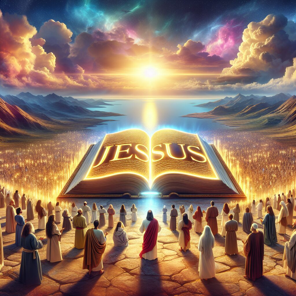 Visual representation of the powerful and transformative revelation of the name of Jesus. Picture a scene taking place in a stunning landscape under a sky filled with brightly colored clouds at sunset. An open ancient book is prominently displayed in the center with the name 'Jesus' written in it in golden, majestic letters. Light emanates from the book, illuminating the surrounding area. An array of people from various descents and genders - Caucasian, Hispanic, Black, Middle-Eastern, South Asian, White - are in the scene, reverently observing this spectacle.