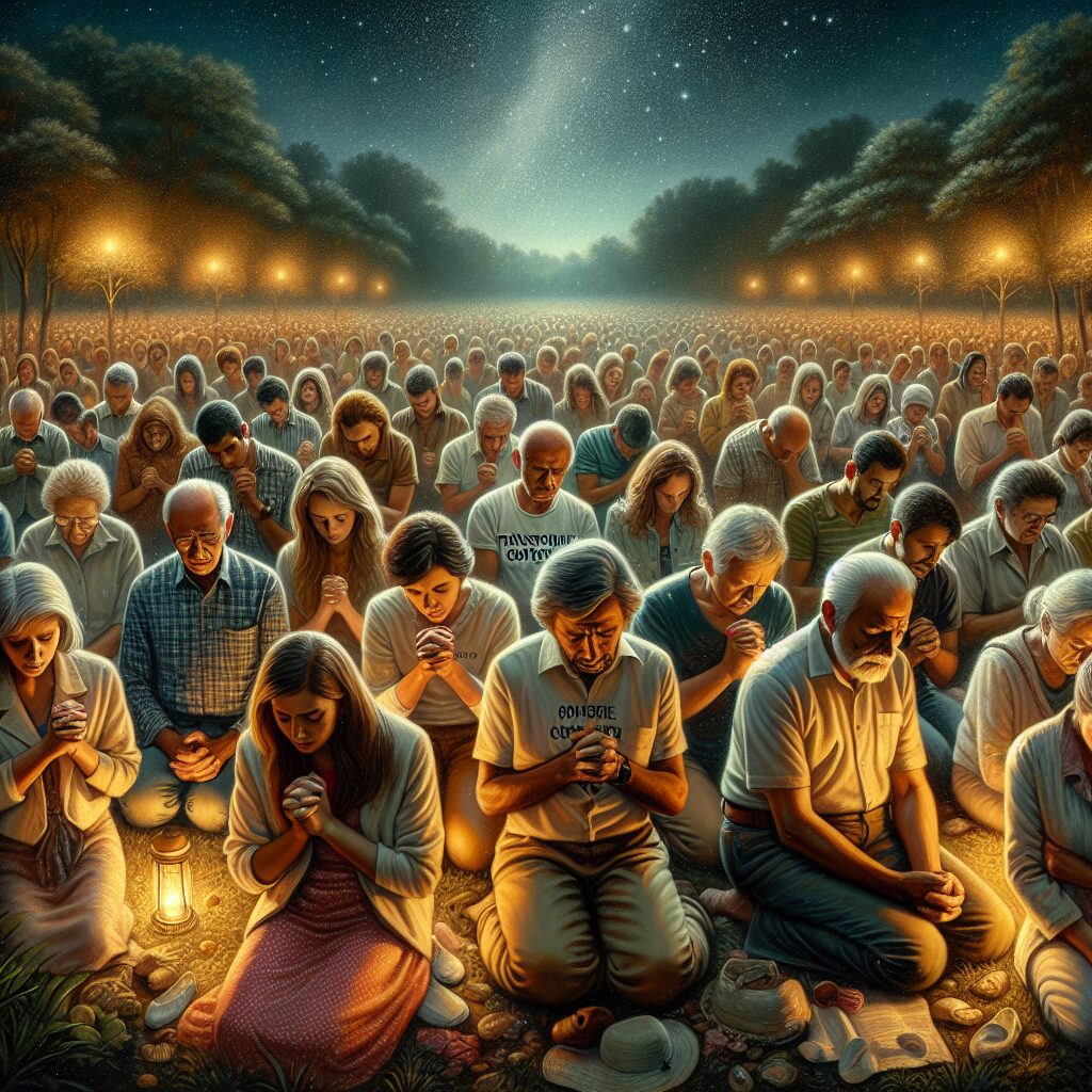 An inspiring scene of several people from different genders and descents such as Middle-Eastern, South Asian, Hispanic, and Caucasian, fervently participating in a prayer gathering. The primary focus of the scene is on the unity, faith, and hope of these individuals. The gathering is in a tranquil outdoor setting under a starlit night sky. Everyone has closed eyes and hands clasped in a prayer. A big banner saying 'Transforme Governos com Fé Incrível' is seen in the background. It's a painting in the style described by three adjectives: peaceful, realistic, and glowing. The image evokes an old-era oil painting.