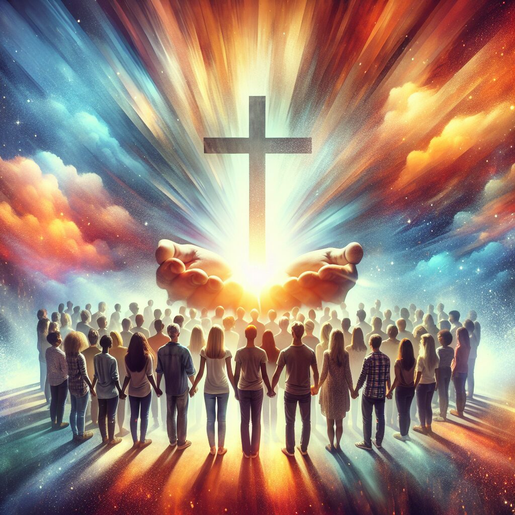 A breathtaking image of a diverse group of individuals standing in a circle, hands clasped together in unity. In the center of the circle, a cross bathed in an ethereal ray of light, symbolizing the transformative and inspiring quality of Christian faith. The background is bursting beautifully with sunset colors, creating an atmosphere of peace and hope. Use warm and soothing colors to emphasize the feeling of tranquility and unity. The image should strongly evoke feelings of camaraderie, faith, and divine inspiration.