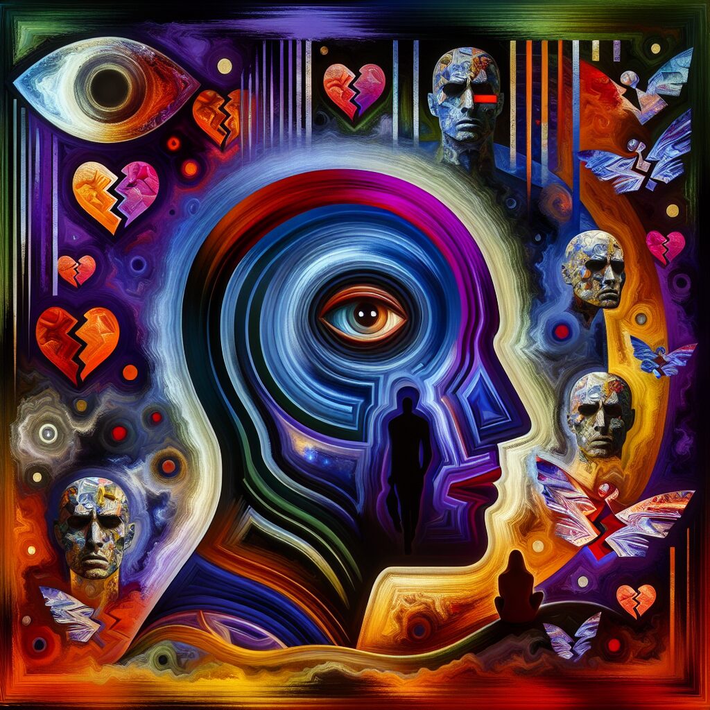 An intriguing digital collage graphically representing the transformative impact of stalking on relationships. In the foreground, we see abstract humanoid figures, displaying emotional states like fear, anxiety, and obsession through vibrant colors and distorted shapes. The background is dominated by ominous shadows and swirling patterns, symbolizing turmoil. Towards the upper fringes, there are fragments of broken hearts symbolizing damaged relationships. All aspects of the image should exhibit a surreal, haunting aesthetic, yet also touch upon themes of privacy, insecurity, and emotional trauma.