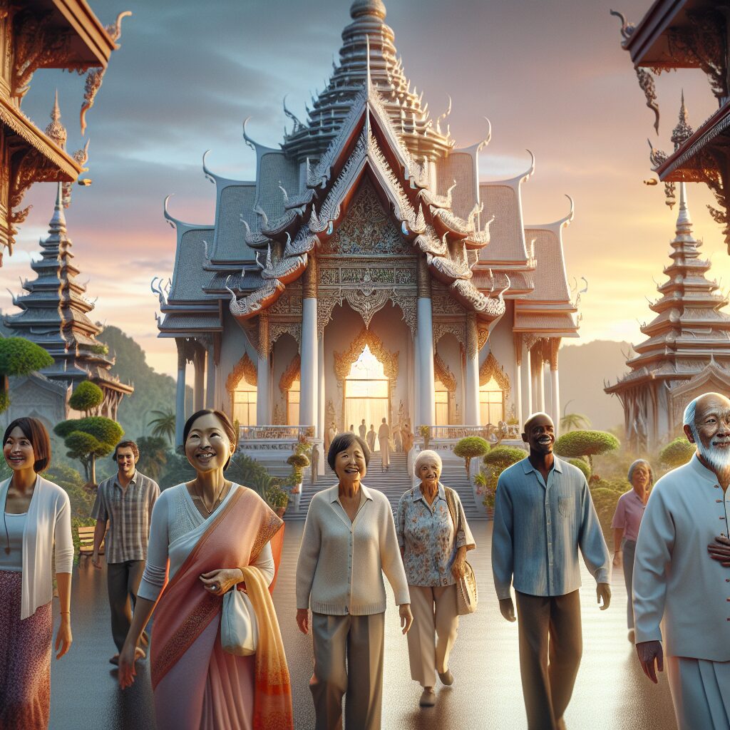 A grand, serene temple bathed in the soft glow of sunset, with the intricate architectural details reflecting the rich tradition. Around it, a lush green landscape providing a peaceful backdrop. In the foreground, a diverse array of people are seen coming out of the temple. A middle-aged Asian woman, young Black man, elderly Caucasian man and a Hispanic teenager, all with a content and enlightened expression on their faces, signifying their transformative experience within this sacred space. The atmosphere is filled with peace, tranquility, and captivating spirituality, depicting the incredible faith experience in the temple.