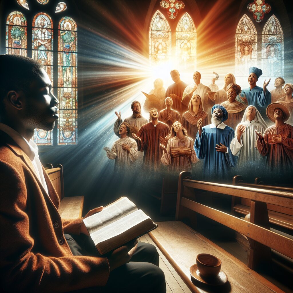 An image portraying the power of Gospel music evoking peace for mind and body. Imagine a serene, calming scene; a person of African descent, sitting peacefully with a bible in their hands, a warm feeling radiating from them. Also include a traditional gospel choir, an amalgamation of both genders, representing various descents such as Hispanic, Caucasian, Middle-Eastern, Black, South Asian and White, in vibrant harmony, singing in the background. The rays of the rising or setting sun are trickling in through stained glass. The setting is a quaint, old church, with wooden benches.