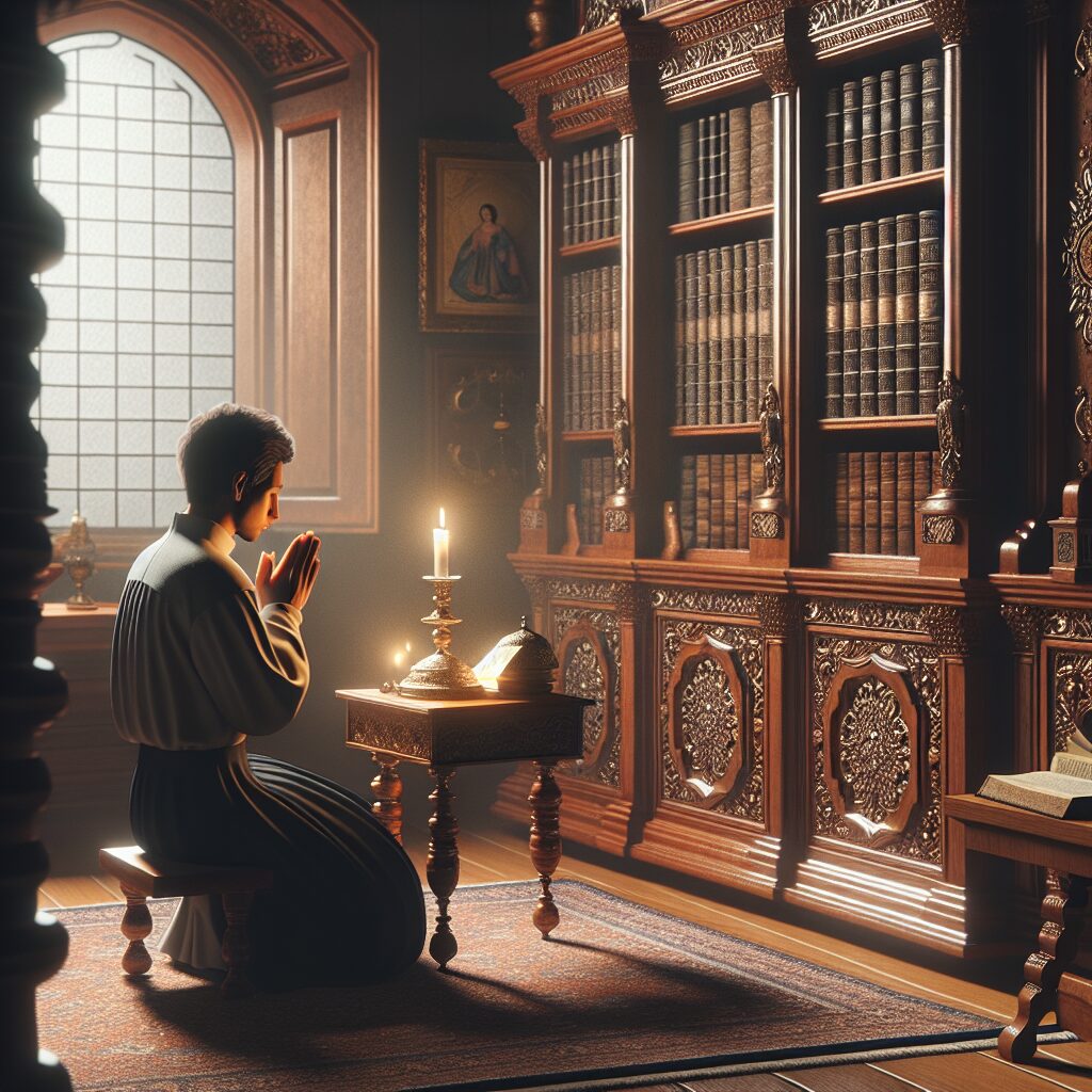 An image displaying a quiet and peaceful scene of a beautifully lit room with ornate, wooden furnishings. In the center, a person of Hispanic descent, of non-binary gender, kneels at a small, antique prayer table, their hands folded in solace and eyes closed in serenity. Also visible in the background are a set of well-bound, wisdom-filled, ancient books on a wooden shelf. This scene symbolizes the communication channel of prayer in times of crisis and draws inspiration from the power of faith.