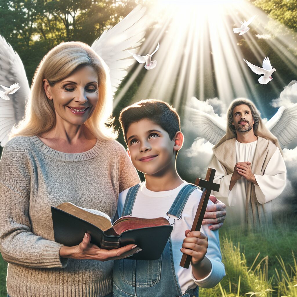 A scene showcasing the inspiring Christian meaning of self-esteem. A middle-aged Caucasian woman holding an open Bible and a young Hispanic boy gazing at a cross in a peaceful, serene natural environment. They are surrounded by symbols of Christianity, such as doves flying in the sky, and sunlight streaming through clouds in the shape of angels. Their facial expressions radiate happiness and confidence, embodying the notion of wholesome self-worth through faith.
