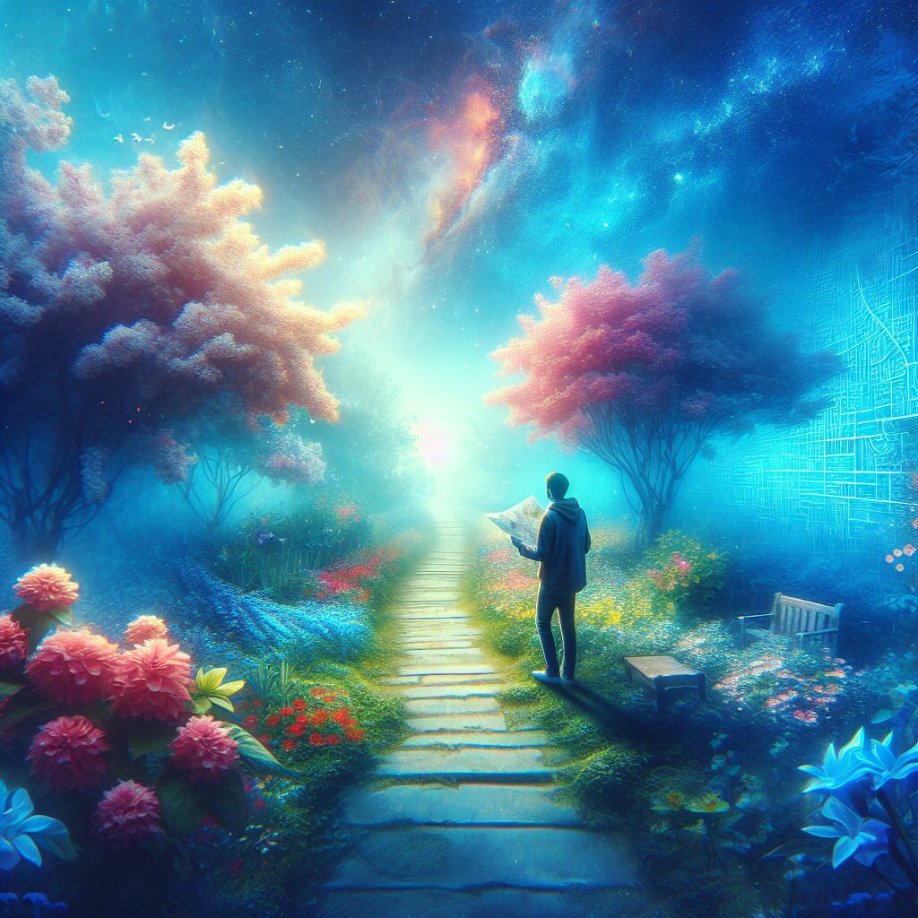 A serene pathway meanders through a lush landscape, with various flowers blooming on either side signaling springtime. The sky above is a brilliant shade of blue and carries the promise of a bright future. An individual of South Asian descent is seen walking down this path, engrossed in planning through a map in their hands. The aura around this image is one imbued with inspiration, as if guiding the viewer towards the path of a blessed future.
