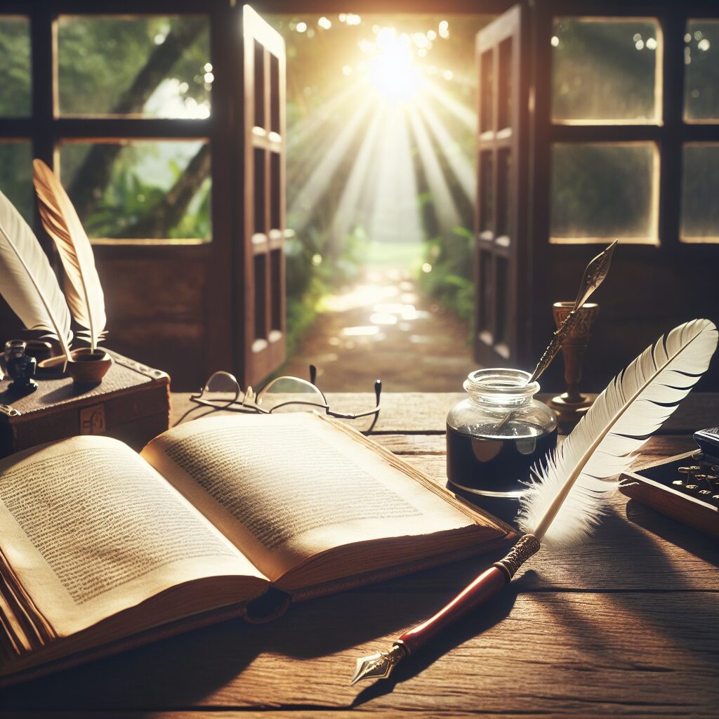 Create an image of an open book lying on a wooden desk with sunlight streaming on it, suggesting a path to a blessed life. In the foreground, there are a feather quill, an inkpot, and a pair of reading glasses. The background shows a serene setting of a window overlooking a lush garden, symbolising peace and tranquility. The scene should be relaxing and inspiring, expressing the concept of a path to a blessed and peaceful life through reading and writing.