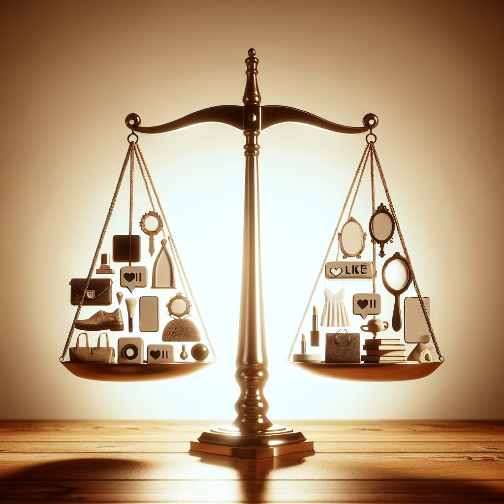 Picture a contemporary setting indicative of modern society. In the center, highlight a balance scale, its beam parallel to the viewer's perspective. On one side of this scale, densely symbolize vanity with objects such as a compact mirror, high-end fashion items, and a pile of 'likes' symbols from social media. On the other side, show symbols of simplicity and serenity such as a simple white dress, a single, basic hand mirror and a stack of books. Note that all objects should be balanced perfectly, exemplifying the equilibrium between vanity and simplicity in modern times.