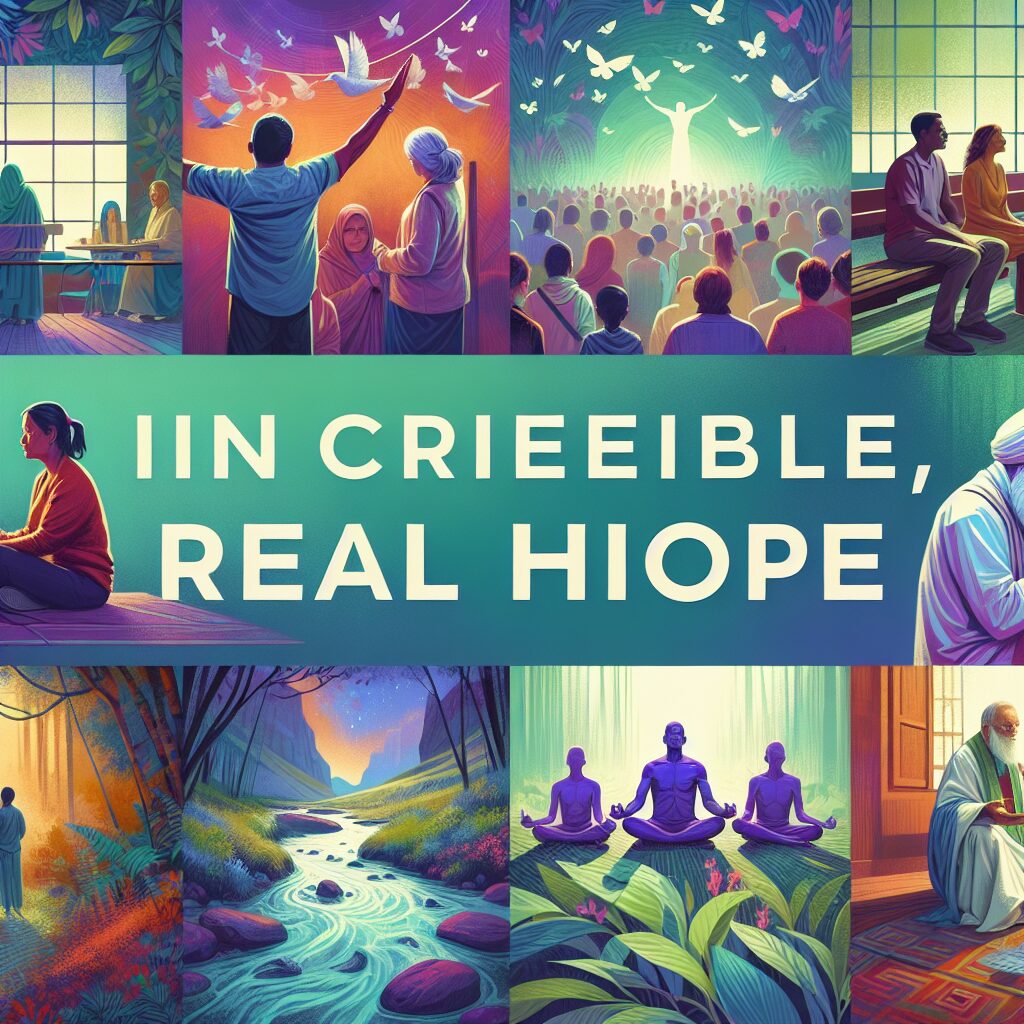 Create a vibrant, emotive image representing inspirational stories of faith, focusing on the theme of incredible, real hope. Depict a diverse set of individuals from various descents, such as Hispanic, Caucasian, and South Asian, in different settings engaging in acts of faith. These acts could include, for instance, a woman praying in a quiet room, a group singing in unison in a lush open space, or a man meditating serenely by a flowing river. The image should radiate positivity, resilience, and a strong sense of shared human spirit.