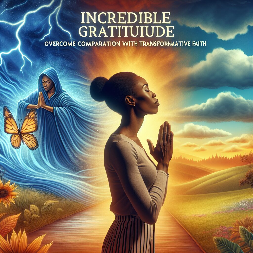 Create a soothing, inspiring imagery depicting a transformative spiritual journey. In the middle of the landscape, act a young, determined Black woman in praying posture with eyes closed in peace. Let her be surrounded by an warm glow symbolizing faith and transformation. In the background, draw a contrasting scene illustrating the concept of comparison as a stormy weather, but it's being replaced by a calm, sunny sky, representing the woman's triumph over comparison. Include the phrase 'Incredible Gratitude: Overcome Comparison with Transformative Faith' floating gracefully above the scene.
