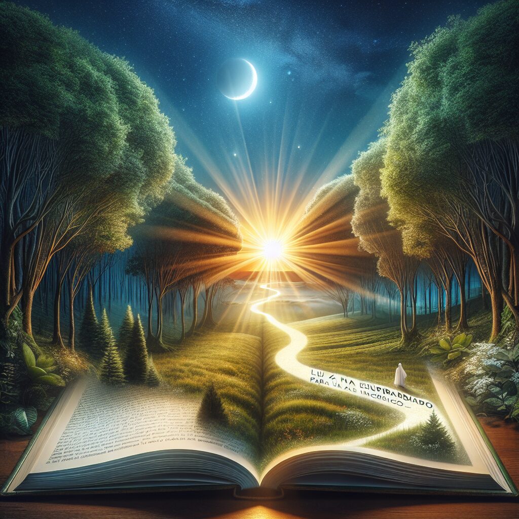 A picturesque scene portraying the metaphorical journey from darkness to light. Imagine a winding path cutting through a dense forest under a moonlit sky, representing spiritual darkness. The path progressively brightens, leading towards a sunlit meadow symbolizing faith and spiritual enlightenment. Overlaying this scene, a large, delicately transparent book pages open at the center, with the faintly visible text 'Luz na Escuridão: Guia Inspirador para uma Fé Incrível', symbolizing the guiding resource on this journey. In the background, imagine a horizon featuring a rising sun, expressing new beginnings and hope.