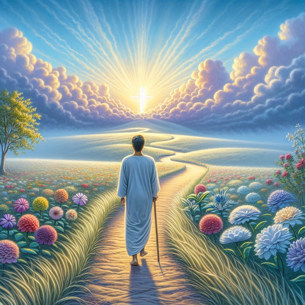 A serene depiction of a person walking on a wind-swept path leading towards a radiant cross located on a distant hill. This person is of South Asian descent and is wearing simple, modest clothing. The path is lined with beautiful flowers of many colors, symbolizing diversity. Overhead, the clouds part to reveal a brilliant sky, symbolizing enlightenment and revelation. The individual has a peaceful expression, suggesting calmness in the face of anxiety. This scene is set within a tranquil natural landscape, encapsulating the transformative journey of faith amidst personal challenges. This imagery captures the essence of an inspirational path through anxiety toward faith in Christian beliefs.