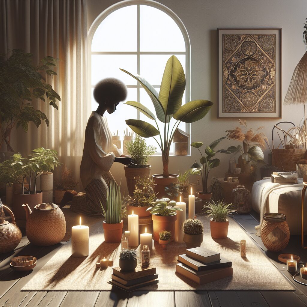 A cozy and tranquil indoor environment representing a blessed home. In the foreground, plants of diverse types and sizes are thriving, symbolizing growth and vitality. A nurturing figure of African descent is observed taking care of these plants. Throughout the room, you can see various elements of a wellness-focused lifestyle such as books on spirituality and self-improvement, artisanal candles, and distinct handmade crafts. Muted sun rays permeate the room through a window, casting subtle shadows and creating a serene atmosphere.