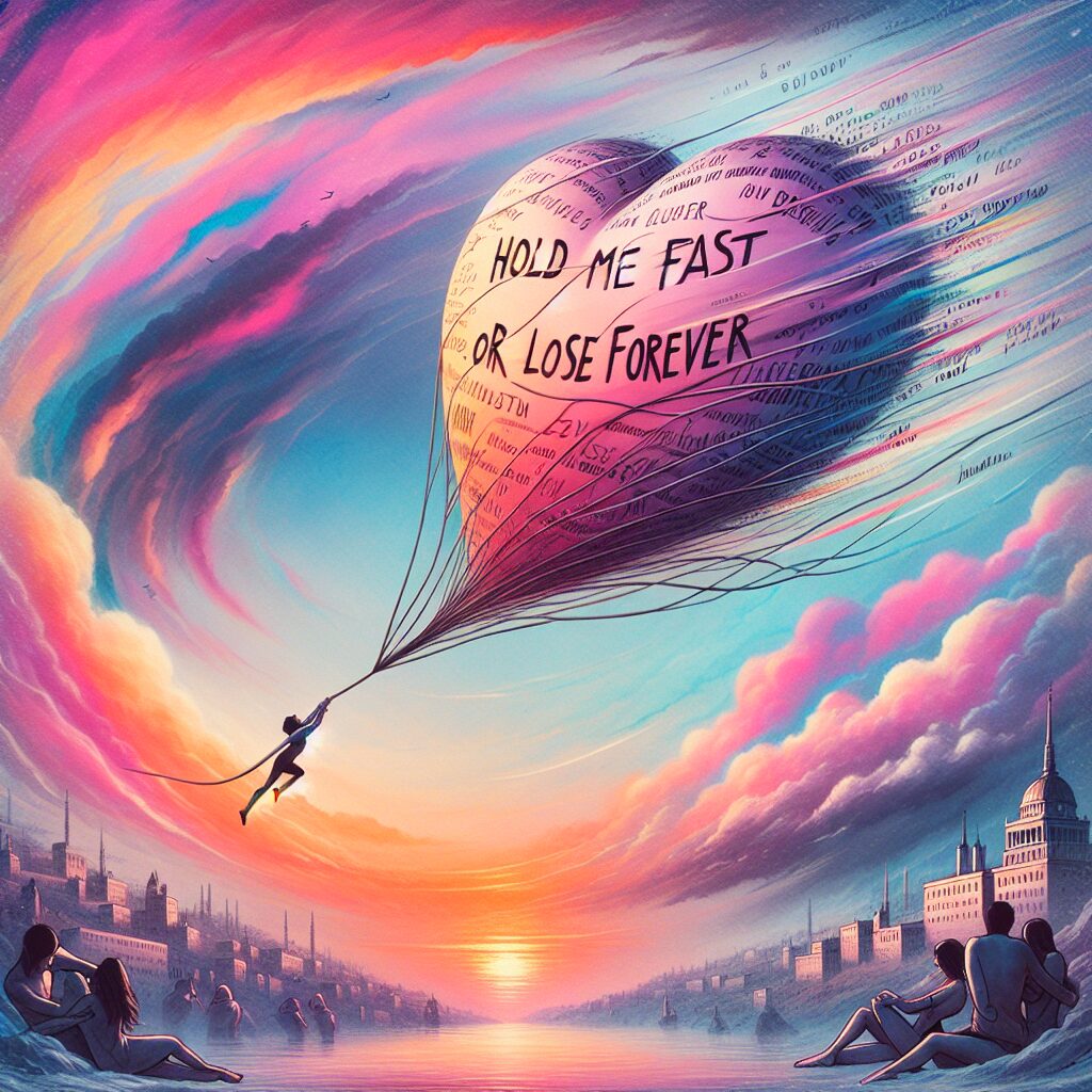 A visual representation of the concept of 'quick surrender in love', depicted through a colorful, surreal scene: a heart-shaped balloon, being swiftly carried away by a gust of wind against the backdrop of a pastel-hued sunset. The balloon cord has scribbled handwriting imploring 'Hold me fast or lose me forever', and the landscape consists of a romantic cityscape with couples of various genders and descents in the foreground, sharing intimate moments. The image embodies an overall sense of speed, passion, vulnerability, and poetic urgency, capturing the essence of falling in love quickly and completely.