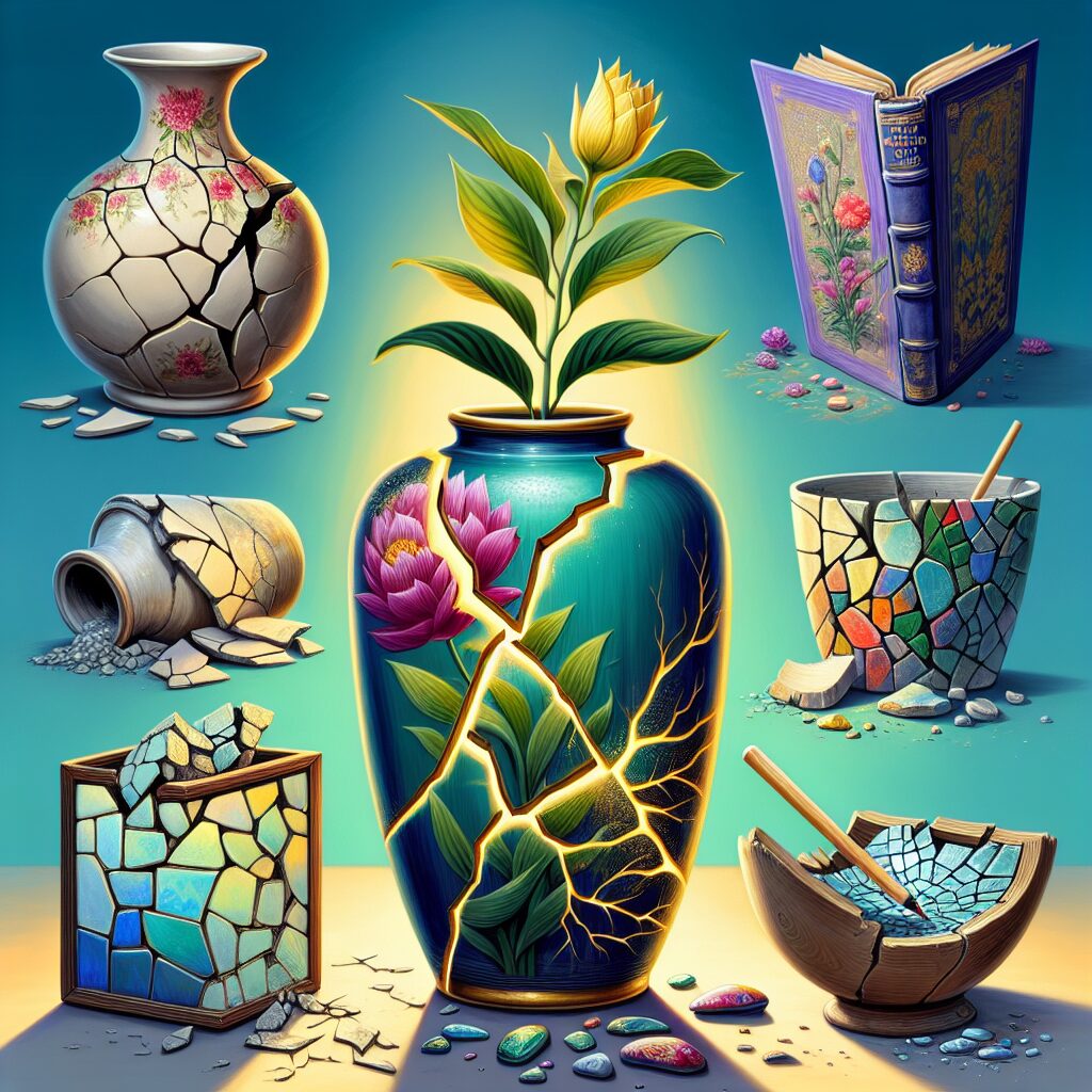 A vivid scene of carefully worn objects, such as a cracked porcelain vase, a ripped book, and a fractured mirror. Each object is depicted in the process of being mended or repurposed, signifying resilience and transformation. The vase is being pieced together with gold lacquer, in a manner reminiscent of the Japanese art of Kintsugi. The ripped book is being creatively used as a pot for a thriving plant. The fractured mirror is being turned into a beautiful mosaic. This image signifies some inspiring and transformative lessons from broken objects.