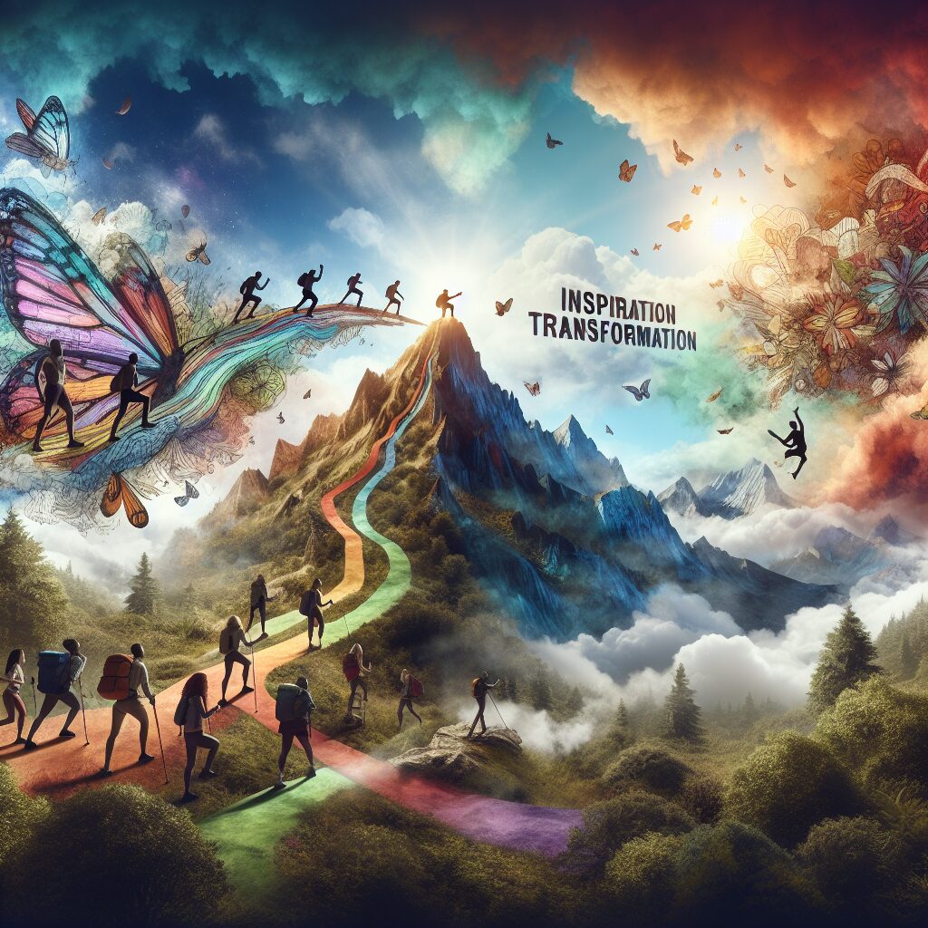 Create a visually stunning scene capturing the essence of overcoming adversity. Imagine vibrant trails up a challenging mountain, with a sunrise breaking through the clouds, casting warm hues on the nature around. At the base, show an array of people of different descents and genders, gaining courage to start their journey. As they climb, their expressions evolve from apprehension to determination and joy. On the summit, have them in a triumphant pose under a banner reading 'Inspiration Transformation'. This is to symbolize the transformative journey of making hard choices.