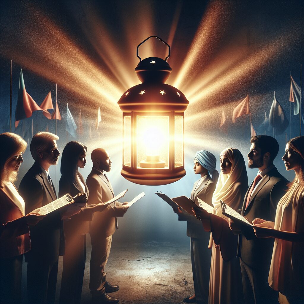 Imagery depicting the concept of inner light and inspiration transforming current politics: A glowing lantern emanating a bright, warm light in a dimly lit room filled with diverse individuals (Caucasian male, South Asian female, Middle Eastern male, Black female). Each person holds a clipboard with papers, suggesting they are engaged in political discussion and decision-making. The light from the lantern illuminates their faces and the papers on the clipboard, symbolizing the transformative power of faith and hope in the political arena.
