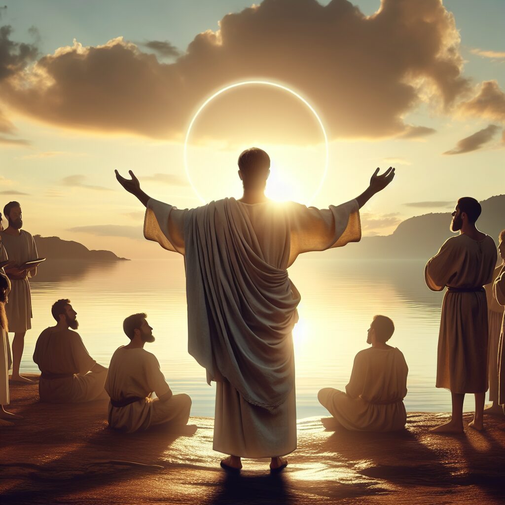Image of a serene sunrise setting over a tranquil sea, symbolizing a new beginning. A Caucasian male in his 50s, dressed in simple yet dignified clothing similar to those worn in 1st century AD, stands near the edge of the water, his figure silhouetted against the sky. He's spreading his arms wide, as if sharing a vital message with others. Behind him, we see a group of diverse individuals of varying descents, genders, and ages, attentively listening, radiating an aura of mutual respect and unity. A soft, glowing halo surrounds the man's head, alluding to divine influence.