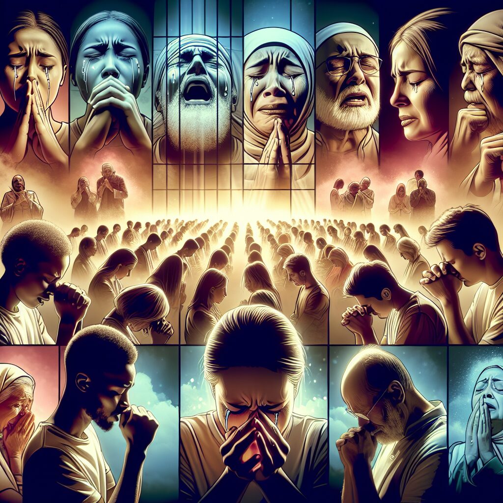 Visualize a scene that represents transformative power and incredible impact through prayer with tears. Picture an emotionally diverse group of individuals, each from different descents such as Caucasian, Hispanic, Black, Middle-Eastern, and South Asian, each expressing their own unique emotion during prayer. Some shed tears of joy, others sorrow, remission, and repentance. They are all in a softly lit, serene, and peaceful environment, where their heartfelt prayers illuminate the surrounding with a divine glow.