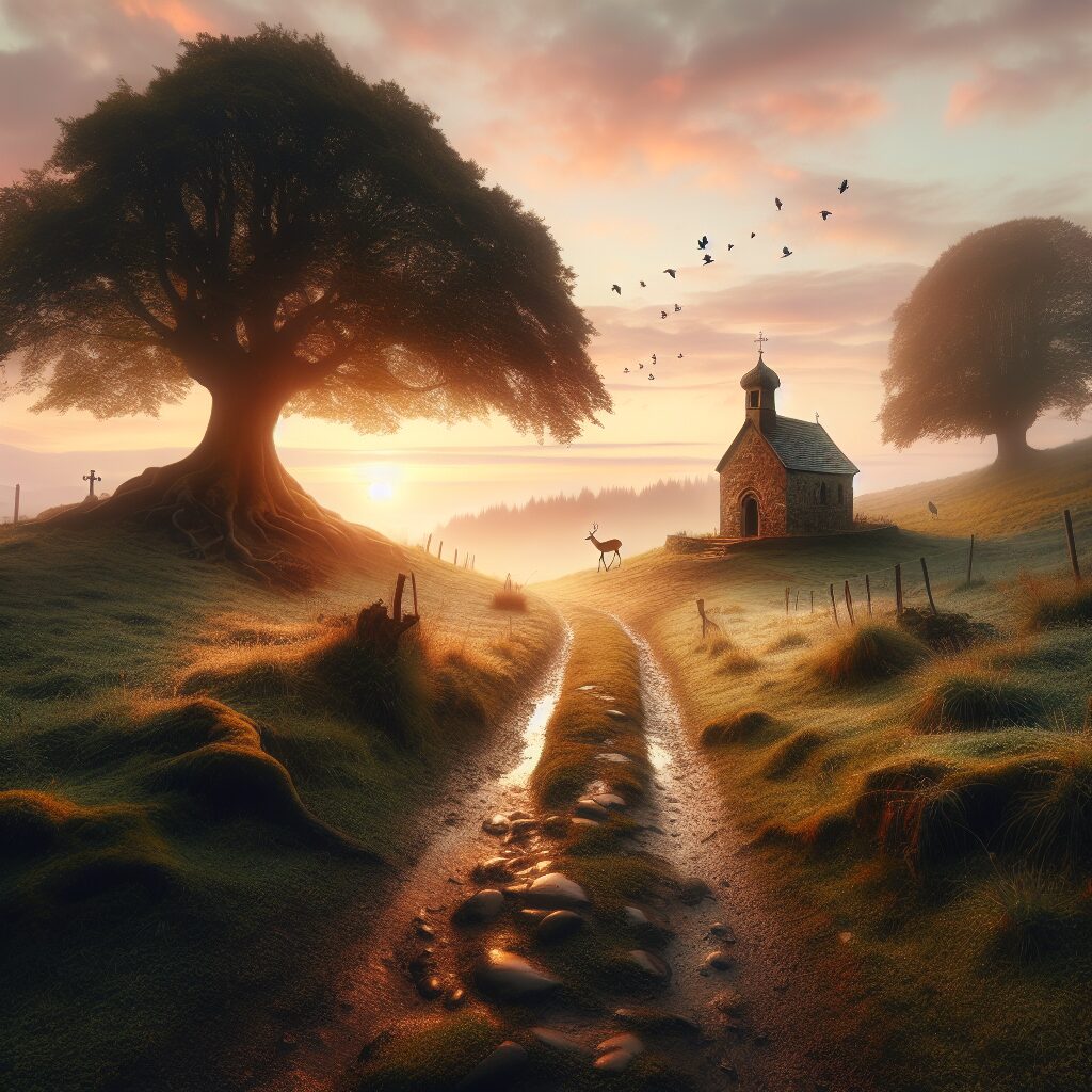 An inspirational scene featuring a tranquil and serene landscape at the break of dawn. The image shows a small chapel situated on a hill, with a path leading up to it. The century-old chapel shows signs of weathering, adding to its charm. The ground is dew-kissed, reflecting the soft sunlight. Ancient trees with robust trunks and dense foliage dot the landscape. Singing birds are beginning the day while a deer calmly grazes nearby. The sky is a mix of soft pink and vibrant orange hues. The scene symbolizes the transformative and inspirational power of faith.