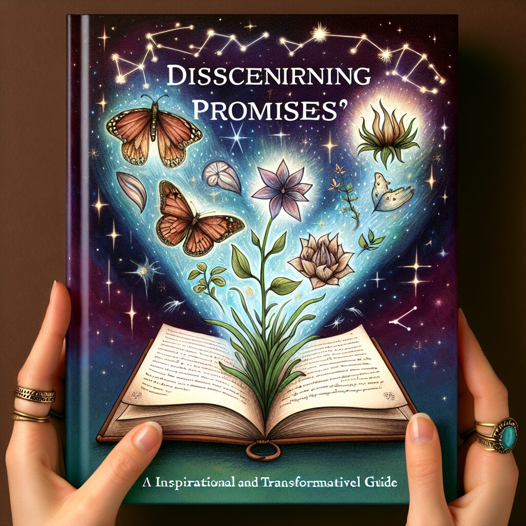 An illustrated cover for a transformative and inspirational guidebook titled 'Discerning Promises'. The scene features an open book releasing ethereal light engulfed by symbols of positive change such as a butterfly, a sprouting plant, and a phoenix. The background is night sky adorned with distinguishable constellations signifying guidance. Hand-written text 'Discerning Promises: An Inspirational and Transformative Guide' graces the center.