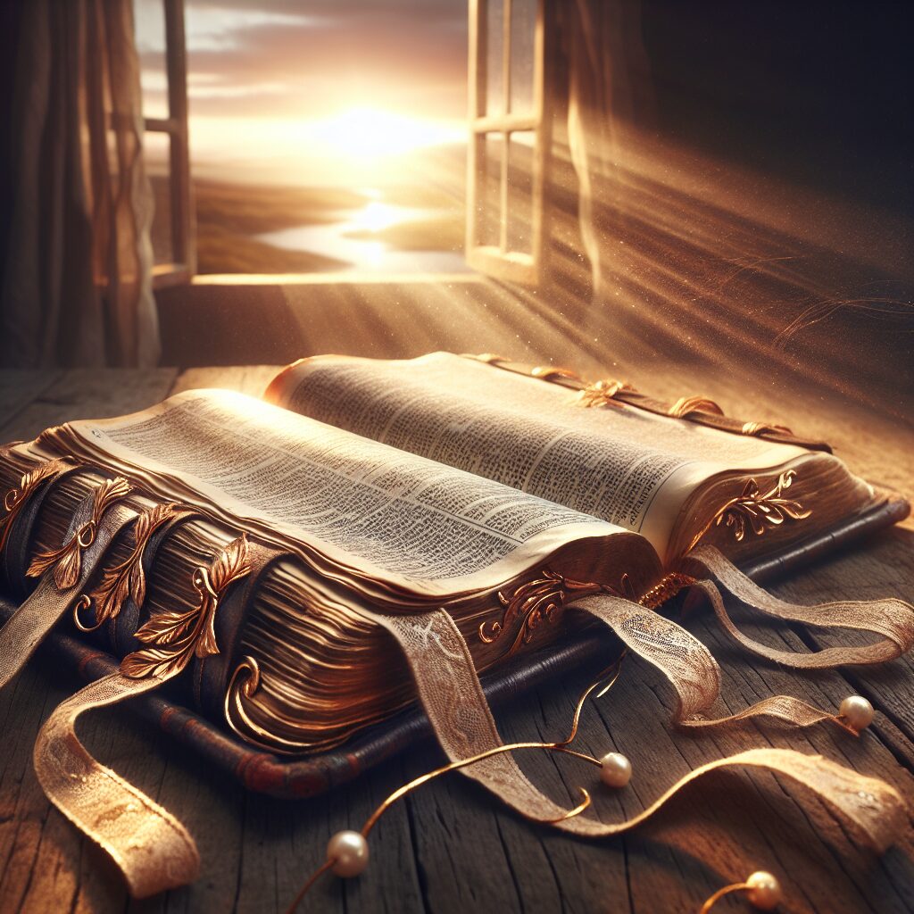 A well-aged leather-bound Bible lying open on a rustic wooden table. A warm, ethereal light shining down on the opened passage, highlighting the intricate font of the ancient text. Pearlescent bookmark ribbons woven with golden threads are gently draped across the pages. In the background, a serene landscape observable through an open window, showcasing a beautiful sunrise and lending a purifying atmosphere. The Bible's pages gently flutter as a soft, unseen breeze sets in, reinforcing its significance as an inspiring guiding tool for an amazing life.