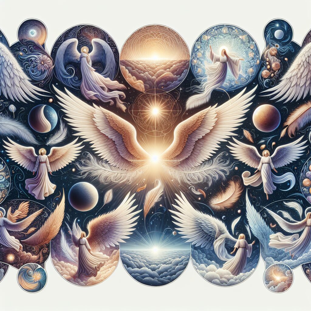 Create an intricate and serene image illustrating seven inspiring and incredible facts about angels from the Bible. Some potential elements to consider are feathered wings, celestial glows, halos, and ethereal landscapes. Blend motifs from Bible passages such as their roles as divine messengers, protectors, or guides for humanity. Please ensure a deep sense of spirituality and solace in the image.