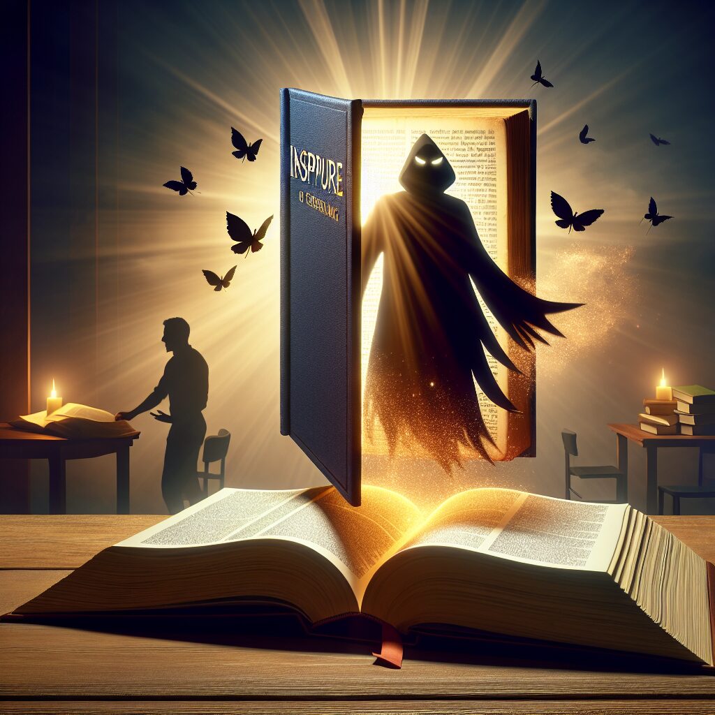 Visualize a concept that captures the essence of an article revolving around 'Villains: Discovering the inspiring Christian meaning'. Perhaps create a symbolic image featuring a towering book, its pages fluttering open to reveal a scripture but also a shadowy villain figure, reflecting the clash of good and evil. The background can be a calm study or library setting. Also add a golden light radiating from the scripture that illuminates the villain, suggesting the transformative power of Christian teachings.