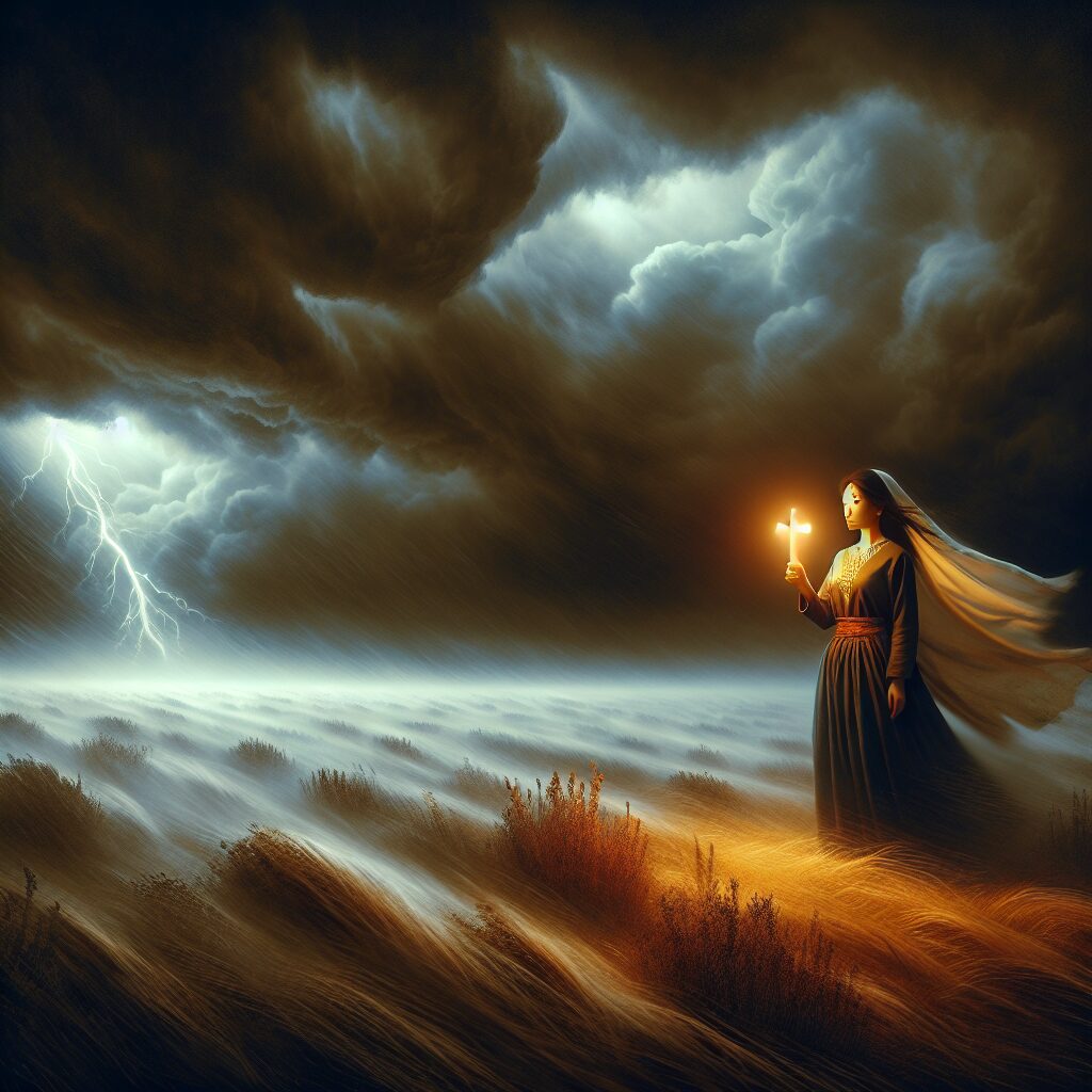 Show a dramatic portrayal of a Christian scene that exemplifies unshakeable faith. Focus on an individual standing strong amidst a stormy setting, where dark clouds loom ominously. This person can be an Asian female, wearing modest traditional clothes, holding a small, glowing cross with a determined look. Despite the threatening weather, the glow from the cross is casting a warm aura around the woman, and she stands tall, fearless. To further illustrate faith and courage, please paint this setting akin to traditional Renaissance religious paintings in oil mediums. The landscape should be windswept but the woman remains unmoved, a beacon in the storm.