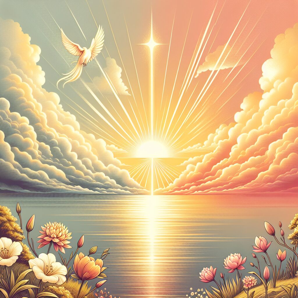 A serene illustration capturing the inspiring and blessed transformation from God's love. The image might include a beautiful sun rising or setting over a calm sea, signifying change and evolution. Rays of light breaking through the clouds, symbolising divine intervention and guidance. The composition might include elements of nature like blooming flowers or budding trees, representing new life and transformation. Using warm colors such as yellows, oranges, and pinks in a gradient might evoke feelings of peace, positivity and inspiration.