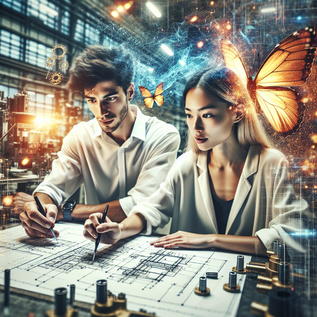 Generate an image representing the concept of 'Inspiring Engineering' transforming work into a passion. Show a diverse group of individuals; an Asian woman and a Caucasian man, both engineers, deeply engrossed in their work. They might be brainstorming on a complex blueprint or focusing intensely on a sophisticated machinery part. Their eyes should gleam with fervor, and their expressions should reflect deep satisfaction and excitement. The environment could be an innovative workspace filled with high-tech equipment. Symbolic elements representing transformation and passion, such as a butterfly or a burning flame, may add depth to the scene.