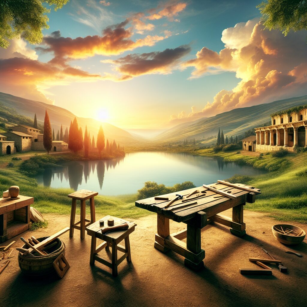 Create a serene and balanced image of a biblical landscape, featuring a calm lake in the center, flanked by lush greenery and ancient buildings. Show the sun setting in the background, filling the sky with stunning hues of orange and gold. Include a carpenter's workbench by the shore, with a few unfinished wooden objects on it, symbolizing the profession of Jesus. No people or specific characters should be present, and the depiction should inspire a sense of peace, reverence, and tranquility.
