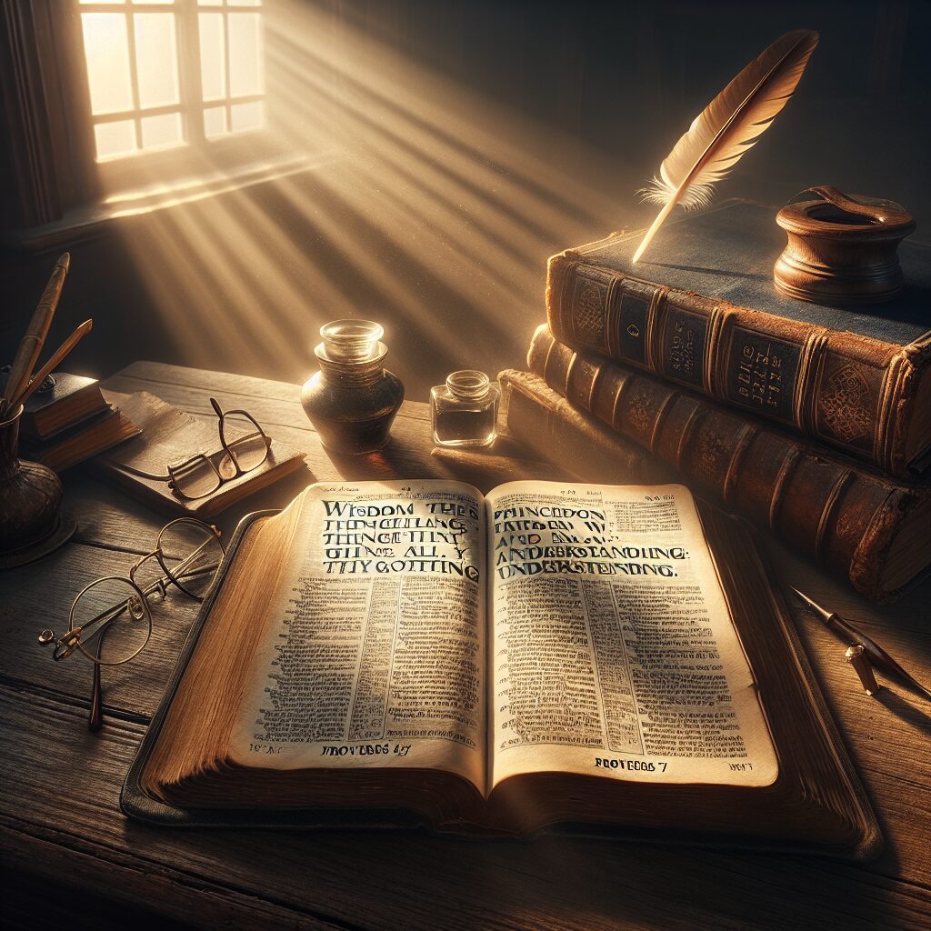 An old, open Bible lying on a wooden desk, with gentle streams of light illuminating the page with the quote 'Wisdom is the principal thing; therefore get wisdom: and with all thy getting get understanding' from Proverbs 4:7. In the background, there are a pair of reading glasses gently resting on the desk next to an antique quill and ink pot, perhaps once used by a wise leader. The room is peacefully quiet, with soft rays of morning light entering from a nearby window. A great sense of calm, wisdom, and purpose pervades the entire scene.