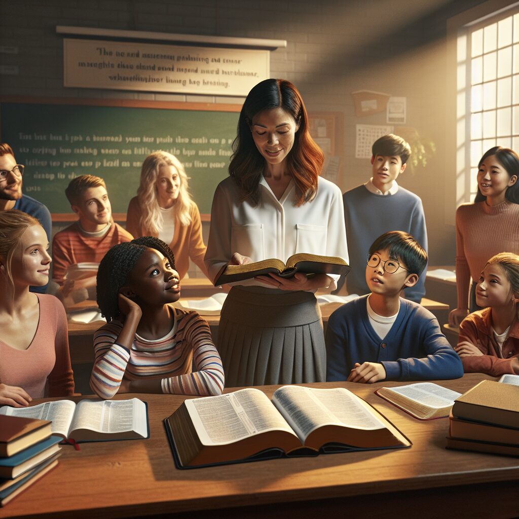 A heartwarming scene set in the classroom during a bible lessons. A mixed group of eager students. The room is bathed in warm, inviting light. On the large wooden table lies an open Bible. In the center a Caucasian woman stands, she is the teacher, engaging with the multi-ethnic students. The characters include an Asian girl, a Black boy, and a Middle Eastern girl. They each have a look of intrigue and inspiration on their faces as they delve into the biblical teachings. A chalkboard in the background displays inspirational quotes. The scene exemplifies the harmony that comes with accepting and learning about diverse faiths.