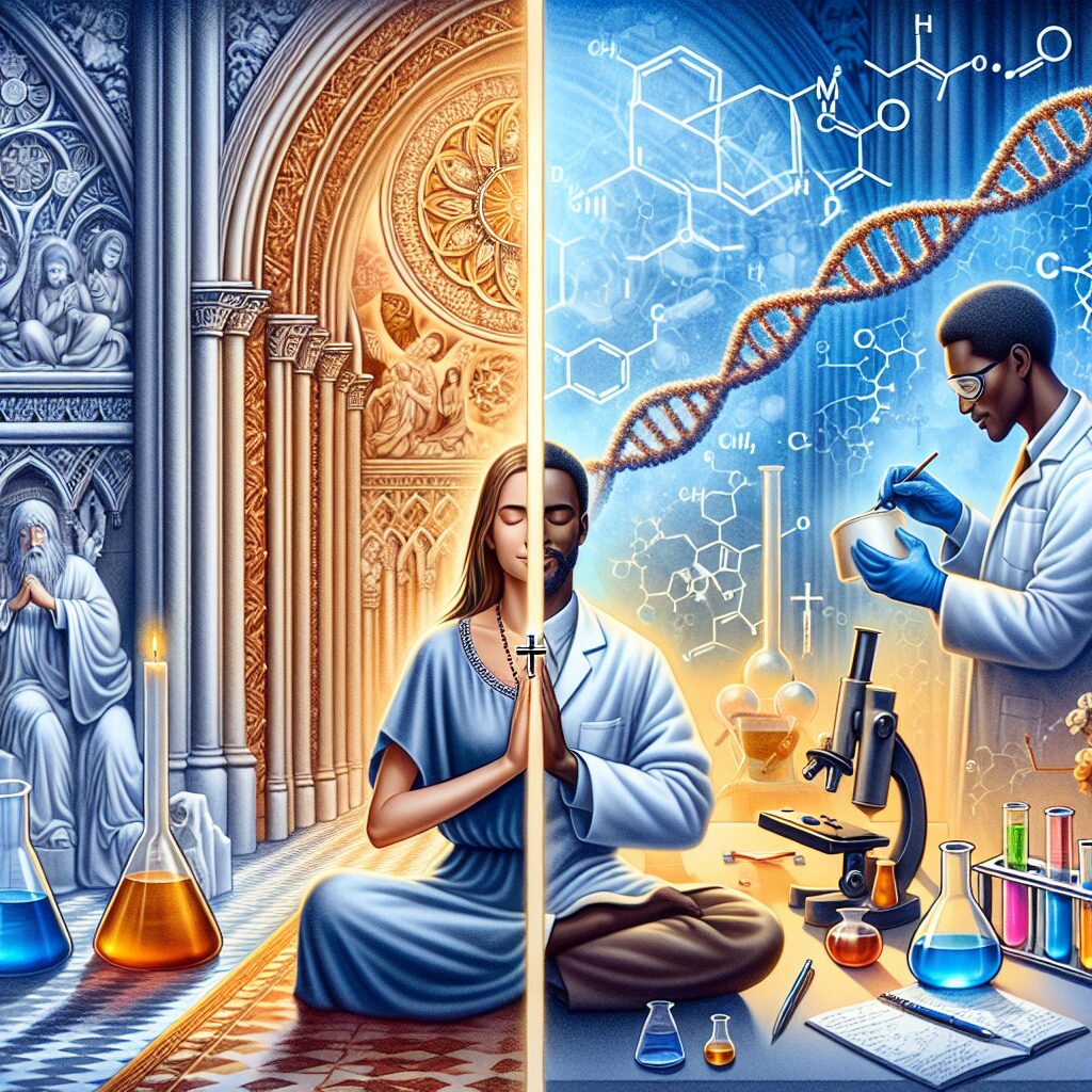 Depict a conceptual scene that illustrates the balance between faith and science. On one side, show a peaceful person, a Caucasian female, meditating or praying with a Christian cross necklace visible. She's sitting in front of an old, beautifully ornamented cathedral. On the other side, show a Black male scientist, conducting a scientific experiment in a laboratory filled with beakers, microscopes, and charts. The background shows DNA helix and chemical structures insinuating a deeply scientific environment. The images should be divided in the middle, yet connected, perhaps by a rainbow of different colors, symbolizing the harmony between the two worlds.