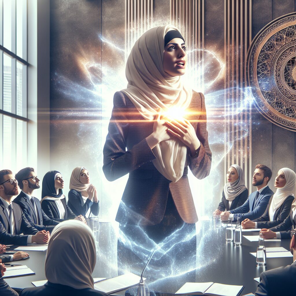 A powerful portrayal of inspirational faith: A fair and transformative leadership scene where a determined individual is addressing a diverse crowd. This Middle Eastern woman, in modern business attire, is passionately communicating her vision to an attentive group that reflects an array of descents. The environment is a brightly-lit conference room with a mix of classic and modern decor, and the leader's speech is visually symbolized by a radiant light beam from her heart navigating through the room.