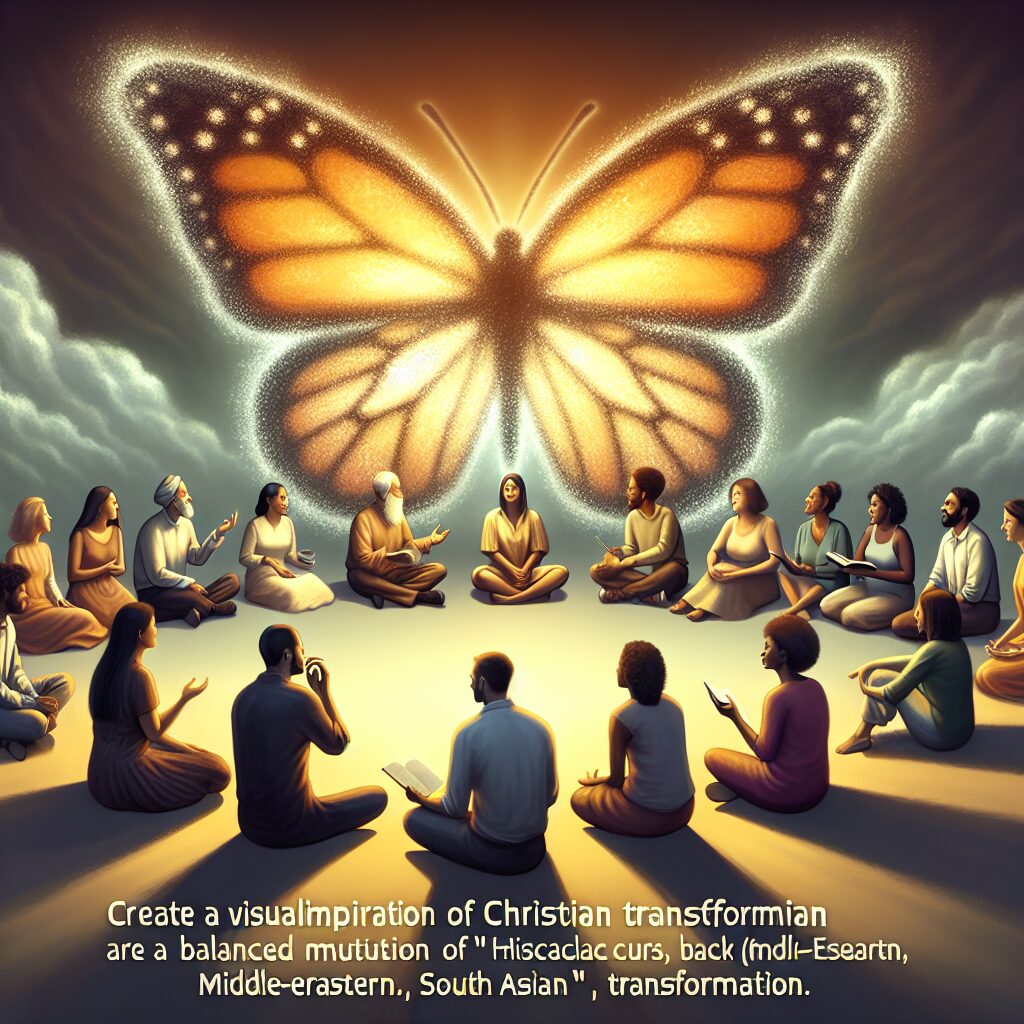Create a visual interpretation of a Christian transformation inspired by overcommunication. Depict a serene scene of a diverse group of individuals, with a balanced mixture of genders and descents such as Caucasian, Hispanic, Black, Middle-Eastern, South Asian, White. They are gathered in a warm, welcoming environment, deeply engaged in animated conversation. In the center, a large, metaphorical, glowing butterfly denotes transformation. This image should encapsively tell a story of spiritual metamorphosis catalyzed by fruitful discourse.