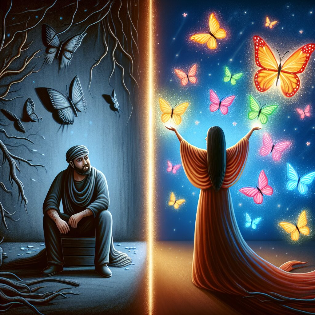 Depict the transformative power of faith in relationships. Show a contrasting scene where on one side, a couple, a Caucasian man and a South Asian woman, show signs of struggle and disconnect in a cold, dark setting. On the other side, the same couple is releasing colourful, glowing butterflies, symbolizing harmony, connection, and positive change influenced by faith in a warm, vibrant setting.
