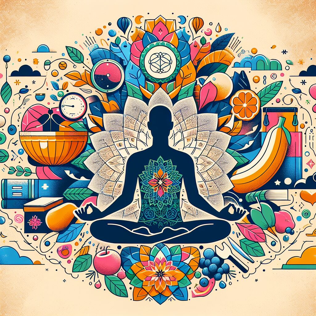 Create an illustrative image that embodies the concept of inspiring self-care. Central to this composition should be a figure, representing any gender and of Middle-Eastern descent, engaging in an act of self-care – possibly meditating or doing yoga. Surround this person with elements that symbolize the transformation of body, mind, and soul: perhaps signify the body with healthy food and fitness gear, the mind with books or a peaceful landscape, and the soul with spiritual symbols. Make sure the composition emits positive, soothing vibes.