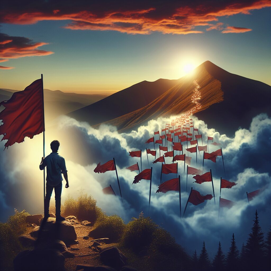 An impactful image of an unknown person standing on a mountain peak, holding a flag representing victory. This individual, symbolic of determination and resilience, had just come from a challenging journey filled with defeats represented by a path of fallen flags behind them. The person, of South Asian descent and non-binary gender, is looking at the sunset with an expression of wisdom and inspiration. The atmosphere around the figure represents their internal transformation from defeat into overwhelming victory. The scene is lit by the soft glow of twilight.