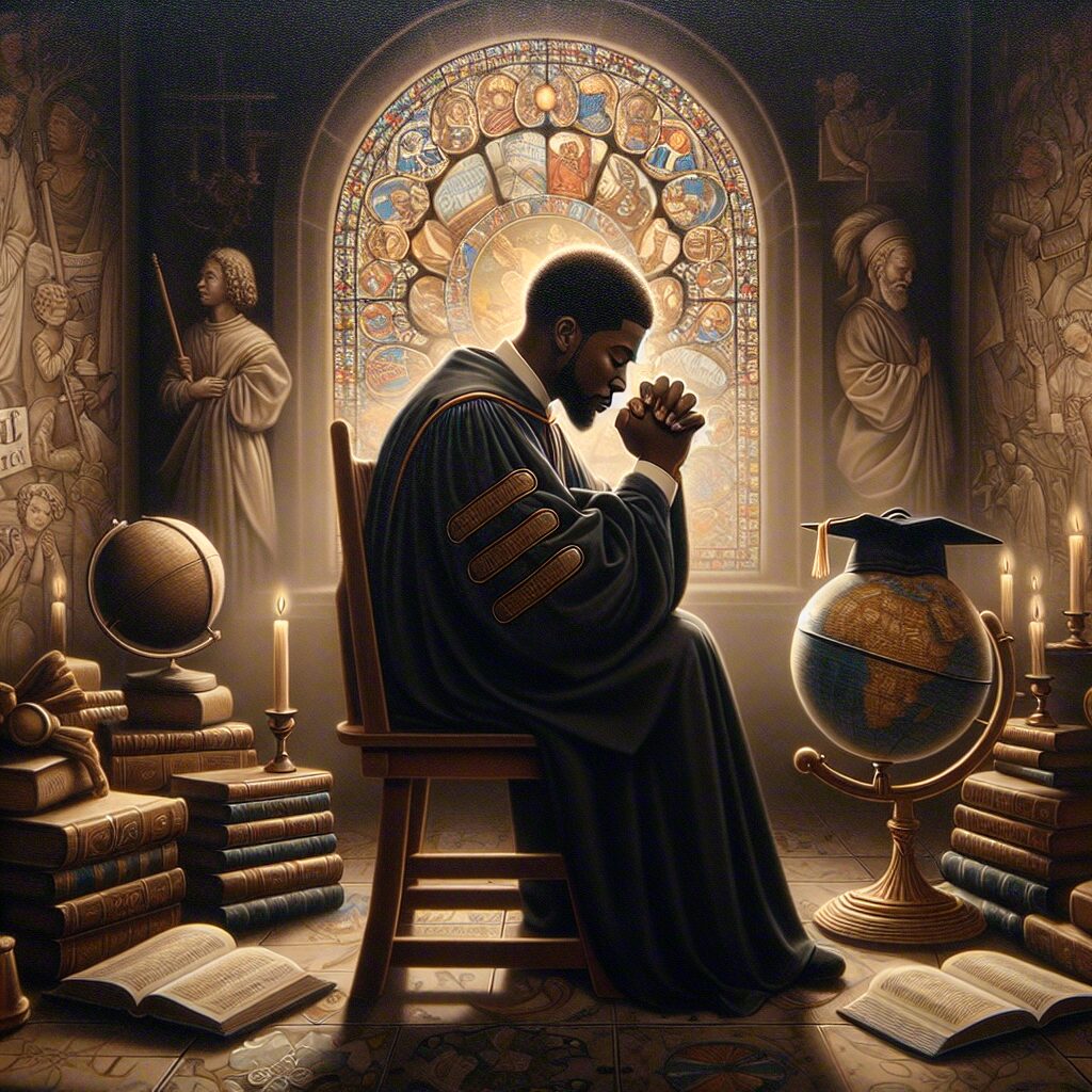 A depiction of a tranquil setting where an individual is deep in thoughtful prayer, seeking guidance for educational decisions. The individual is a Black male educator clad in scholarly robes, surrounded by symbols of education such as books, globes, and graduation caps. In the background, light permeates a stained glass window, subtly illuminating the scene and casting patterned shadows. The historical setting is reminiscent of the Renaissance period. The scene should evoke a sense of inspiration, echoing the power of faith and decision-making in education.