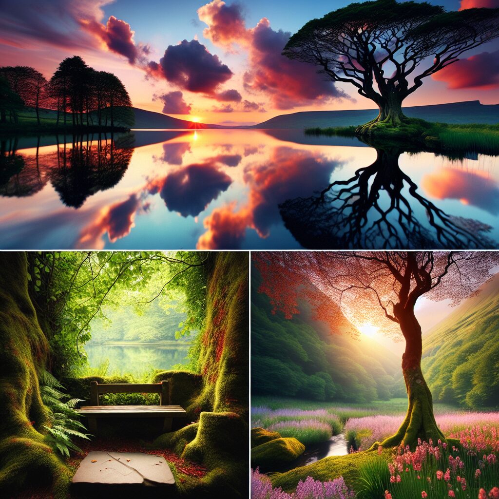 Envision a tranquil scene that perfectly captures the concept of finding profound peace in silence. Consider elements such as a serene lake reflecting the colors of a setting sun, an ancient tree standing tall in solitude in the midst of a lush meadow, or a small, old stone bench nestled in a quiet corner of a blooming garden. Each piece signifying tranquility, introspection, and the inspiring power contained in silence.