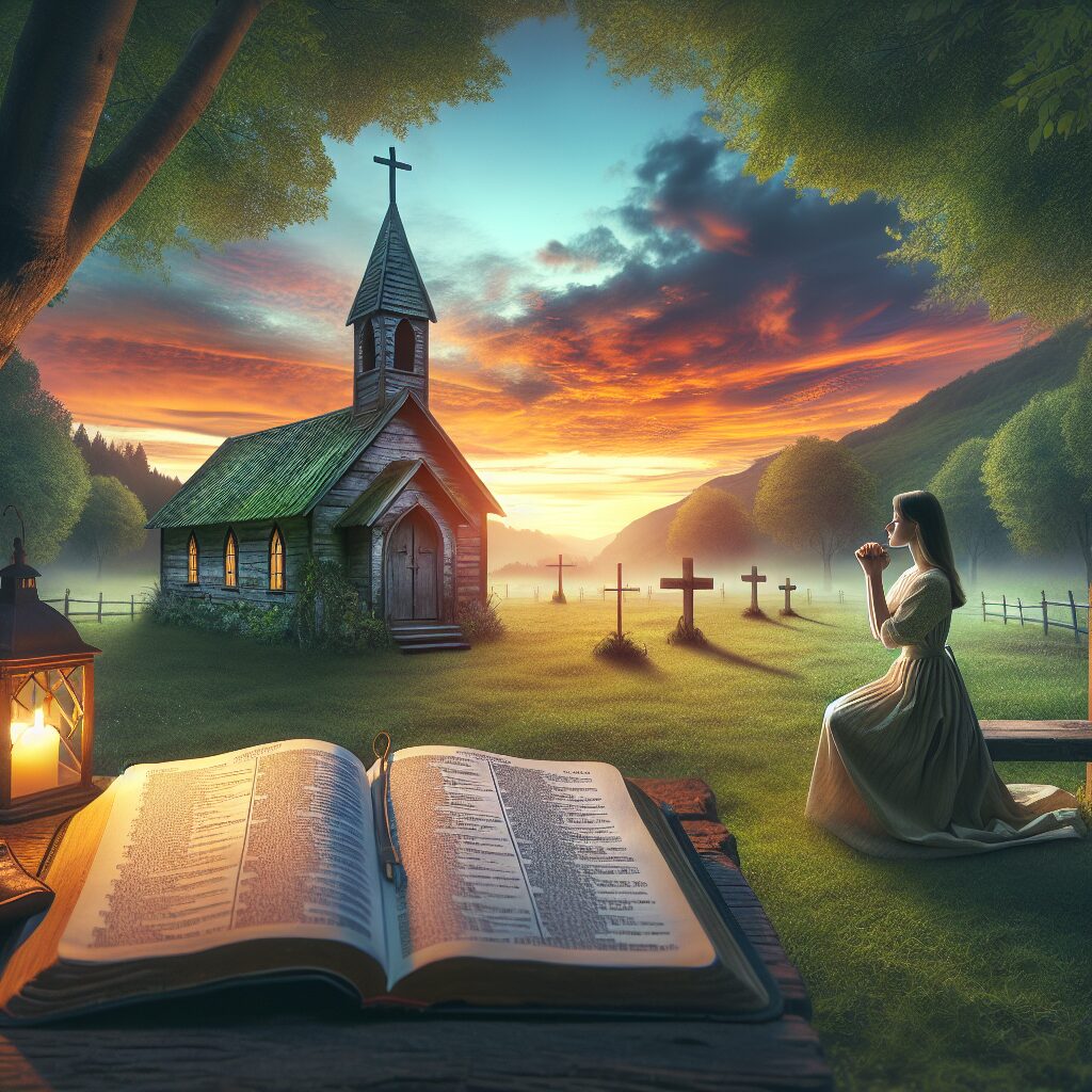 Visualize a serene setting, depicting silence and peace that could inspire a Christian. Design an old rustic church with a wooden cross on it, nestled among lush green trees, under a tranquil vibrant sunrise sky. Add in an open Bible resting on an old wooden bench with its pages gently turned by a soft breeze. In the foreground, include a Caucasian woman in a simple dress, kneeling in prayer with her eyes closed. Lastly, decorate the scene with softly glowing lanterns, creating a warm, peaceful aura.