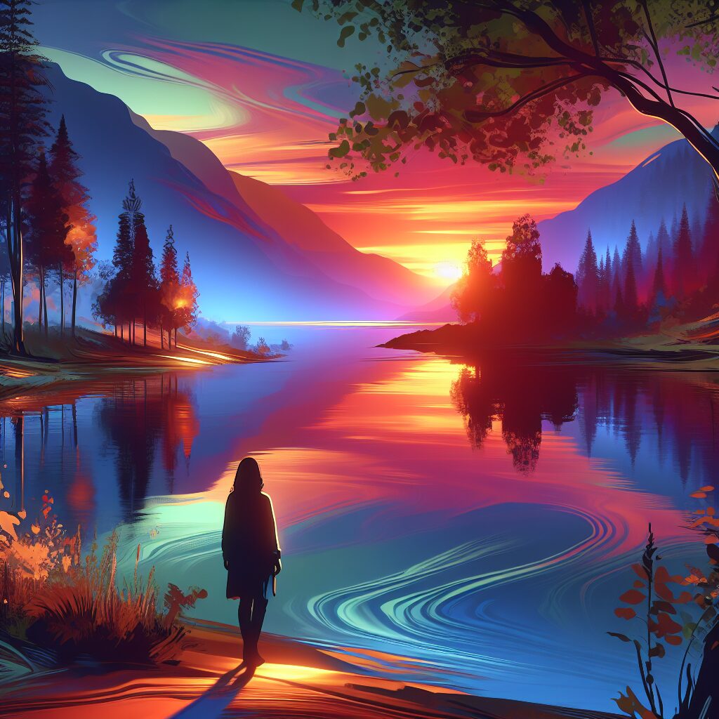 Abstract visual representation of the inspiring and blessed revelation described in the concept of 'Querer Desaparecer'. Picture a scene where a person is standing at the edge of a tranquil lake, gazing at the reflection of the vibrant sunset. The tranquillity of nature surrounding them. Trees and mountains under the soft hues of the sunset. The person's facial expression is contemplative and peaceful, indicating a sense of self-discovery and revelation.
