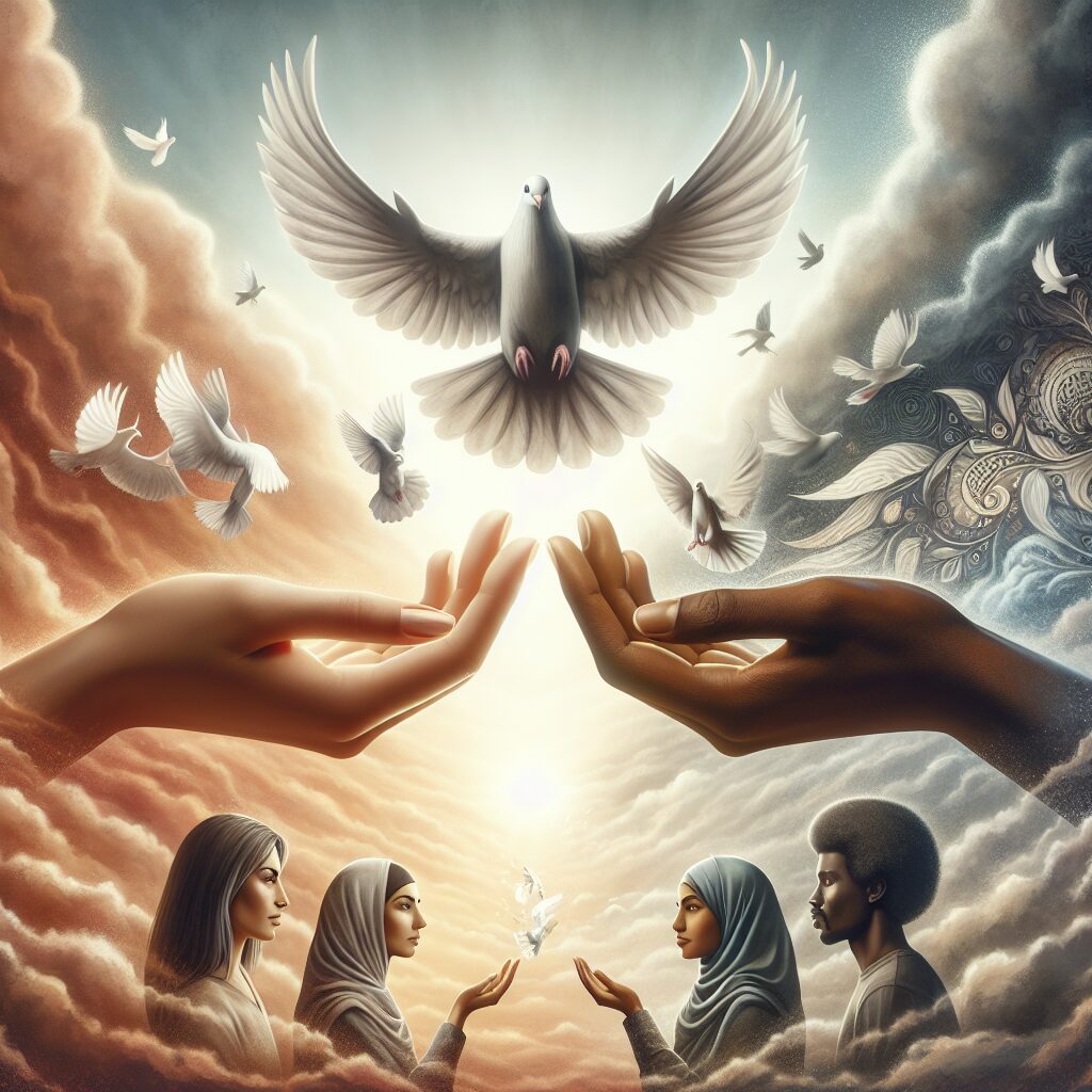 A visual representation of the transformative truth of forgiveness. Envision a pair of clasped hands, one releasing a fluttering dove, symbolizing peace and forgiveness. Surrounding the hands, the scene transforms from stormy clouds to clear, serene sky. Beneath the hands, two people of diverse descents, a South Asian woman and a Middle-Eastern man, presenting looks of relief and calm contentment. The scene exudes a sense of liberation, empathy, and positivity.