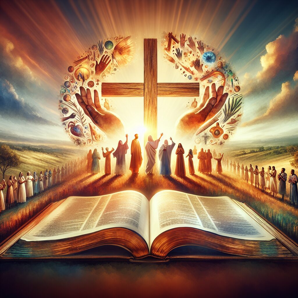 Depict an inspiring scene. At the foreground, render a large, open Bible, bathed in a warm, ethereal light. A cross made out of rustic wood is standing behind it. Imagery of diverse hands reaching towards the sky, emanating from the pages of the Bible, symbolizes prayers and a call to action. Populate this scene with people of various descents and genders. The background features a rural landscape transitioning to an urban skyline, symbolizing the breadth of the Christian community. The sky is ablaze with the sun setting, casting a hopeful, golden hue over the whole scene. Add a gentle halo around the Bible and cross to signify divine inspiration.